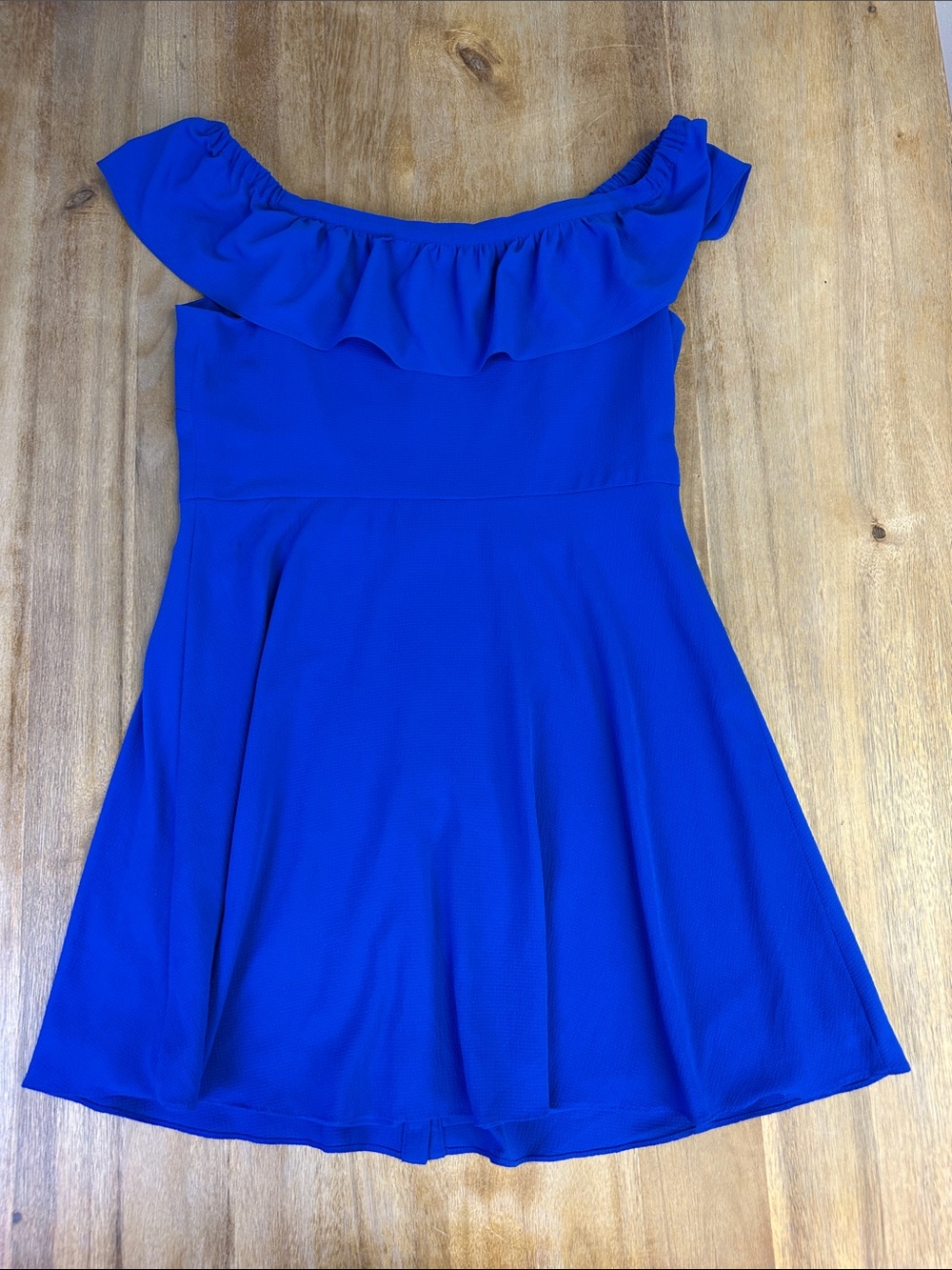 Off-Shoulder Ruffle Button-Front Dress in Royal Blue - Picture 11 of 12